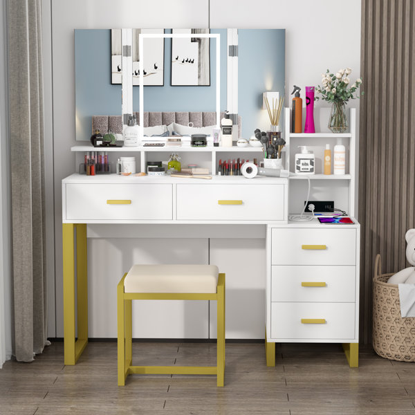 Mercer41 Keysean Vanity Set with Trifold Makeup Mirror, Vanity Desk